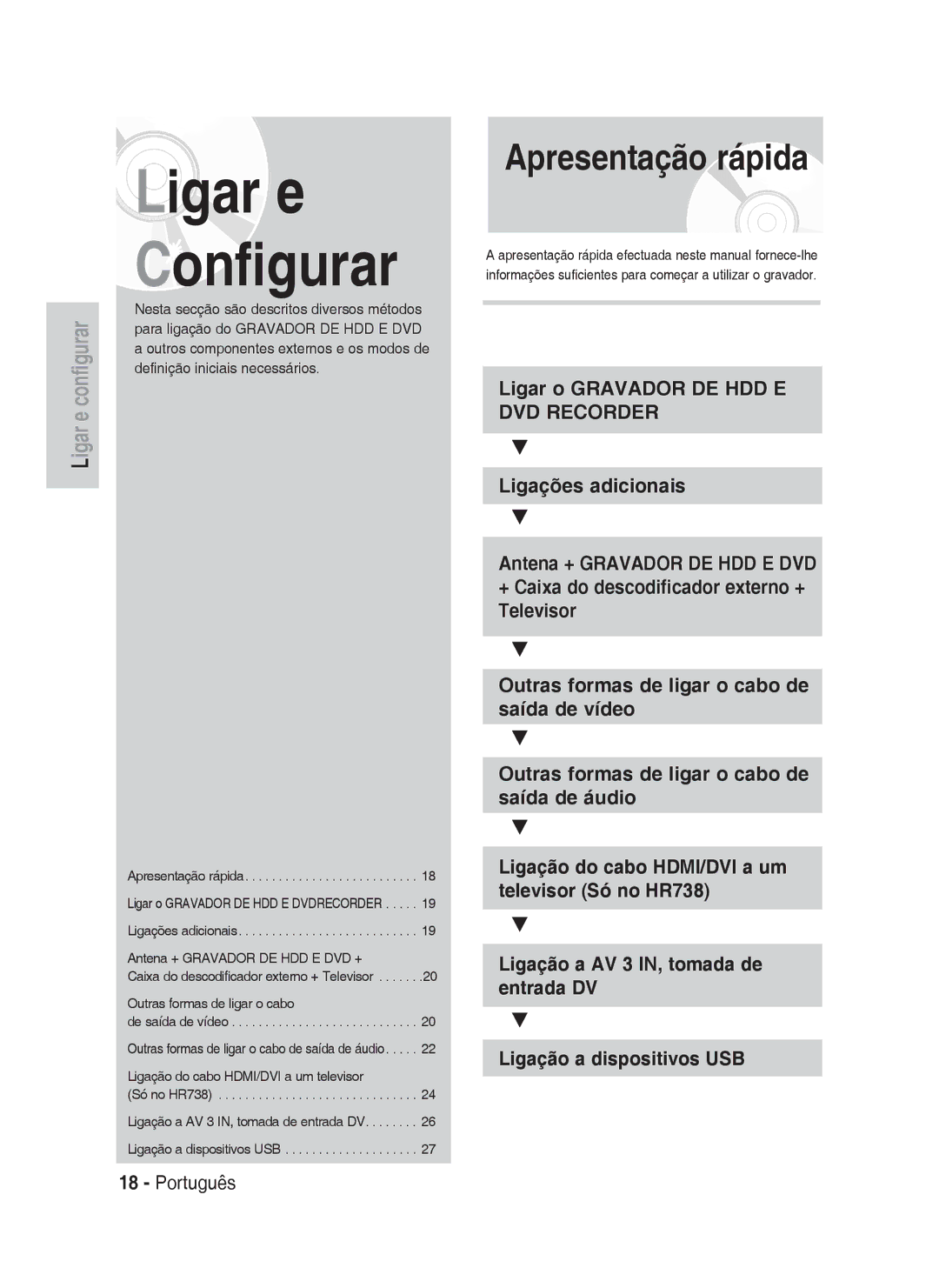 Samsung DVD-HR733/XEU, DVD-HR738/XEG, DVD-HR733/XEG manual Apresentação rápida, Ligação do cabo HDMI/DVI a um televisor 