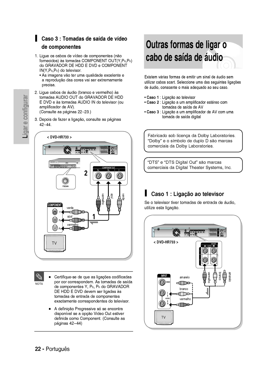 Samsung DVD-HR733/XEC, DVD-HR738/XEG manual Caso 3 Tomadas de saída de vídeo de componentes, Caso 1 Ligação ao televisor 