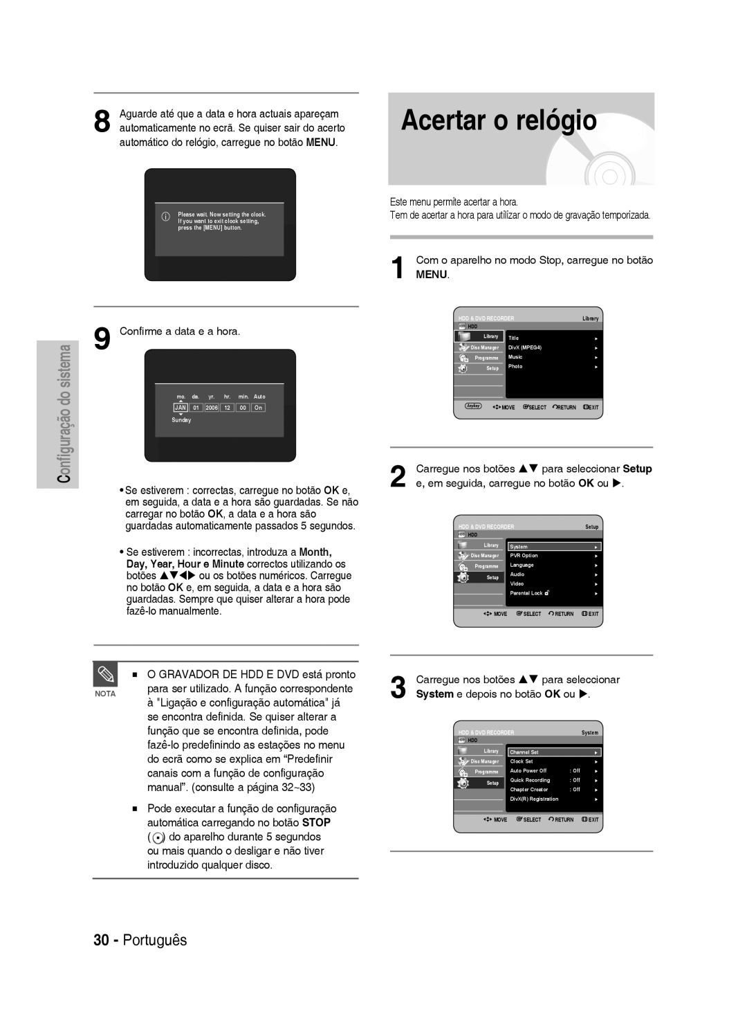 Samsung DVD-HR738/XET, DVD-HR738/XEG, DVD-HR733/XEG, DVD-HR733/EUR, DVD-HR738/XEB, DVD-HR738/XEF manual Acertar o relógio 