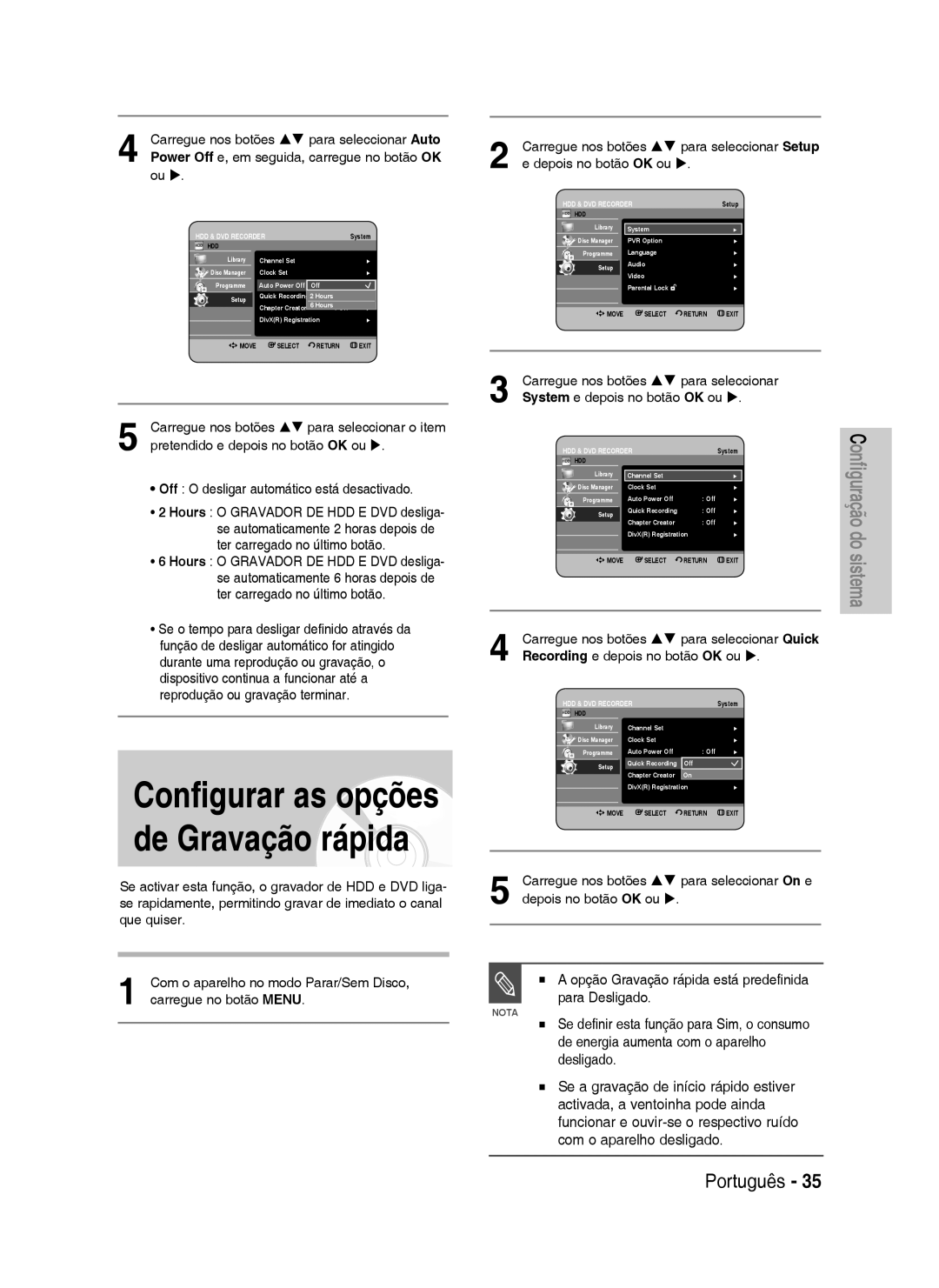 Samsung DVD-HR738/XEE manual Opção Gravação rápida está predefinida para Desligado, De energia aumenta com o aparelho 