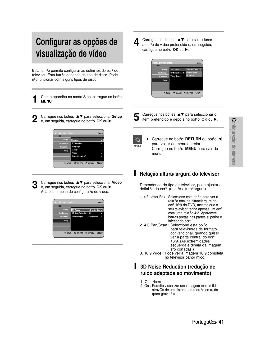 Samsung DVD-HR733/EUR Relação altura/largura do televisor, Carregue no botão Return ou botão W, Carregue no botão OK ou 