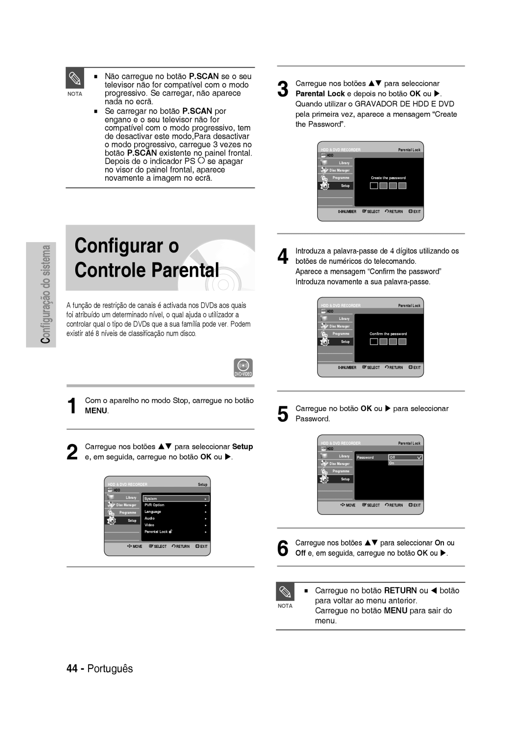 Samsung DVD-HR738/XET manual Configurar o Controle Parental, Nota progressivo. Se carregar, não aparece nada no ecrã 