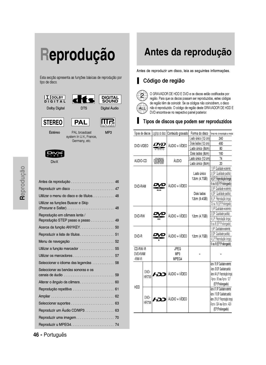 Samsung DVD-HR733/XEU, DVD-HR738/XEG Antes da reprodução, Código de região, Tipos de discos que podem ser reproduzidos 