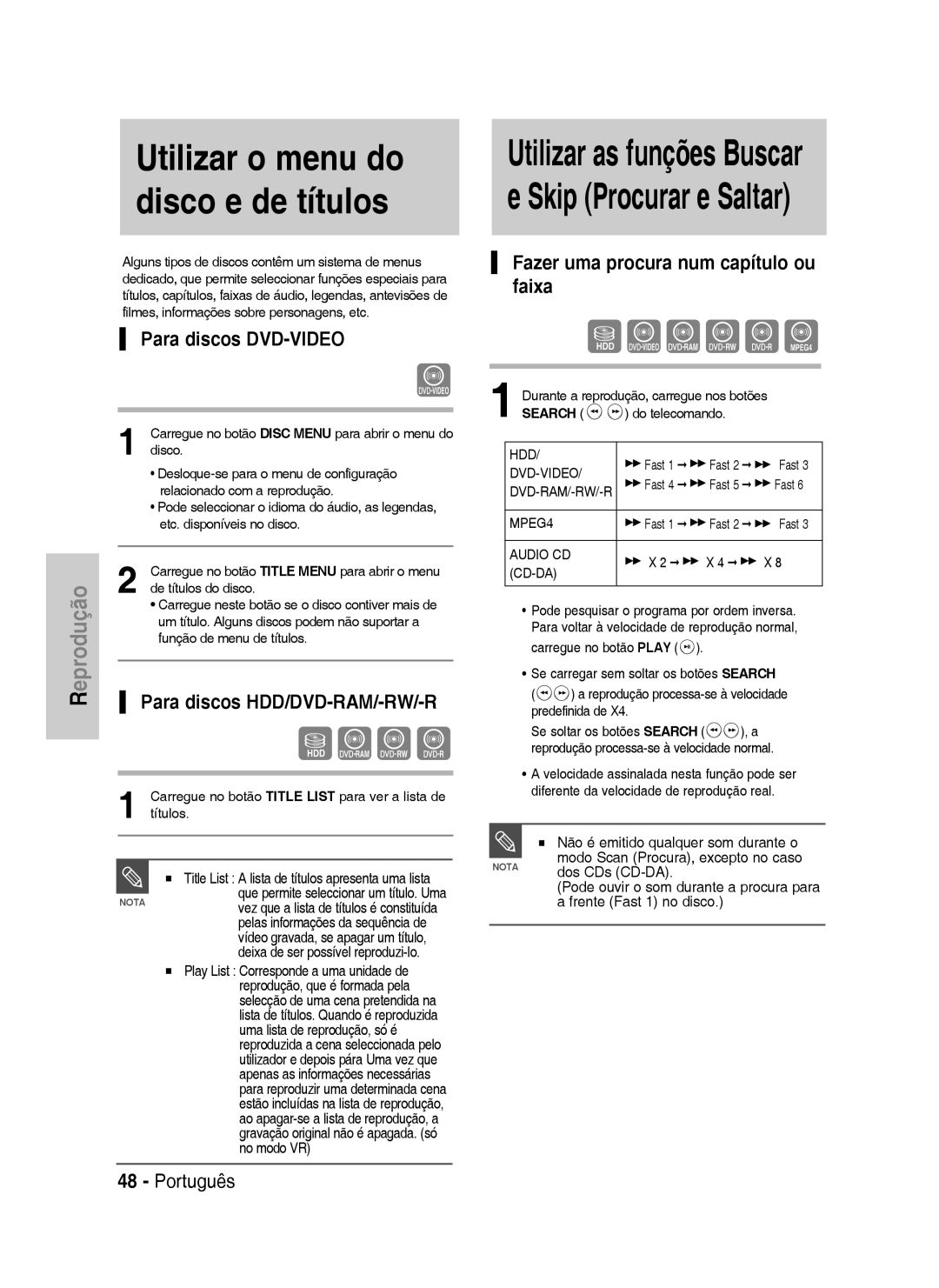 Samsung DVD-HR733/XEH manual Utilizar o menu do, Disco e de títulos, Para discos DVD-VIDEO, Para discos HDD/DVD-RAM/-RW/-R 