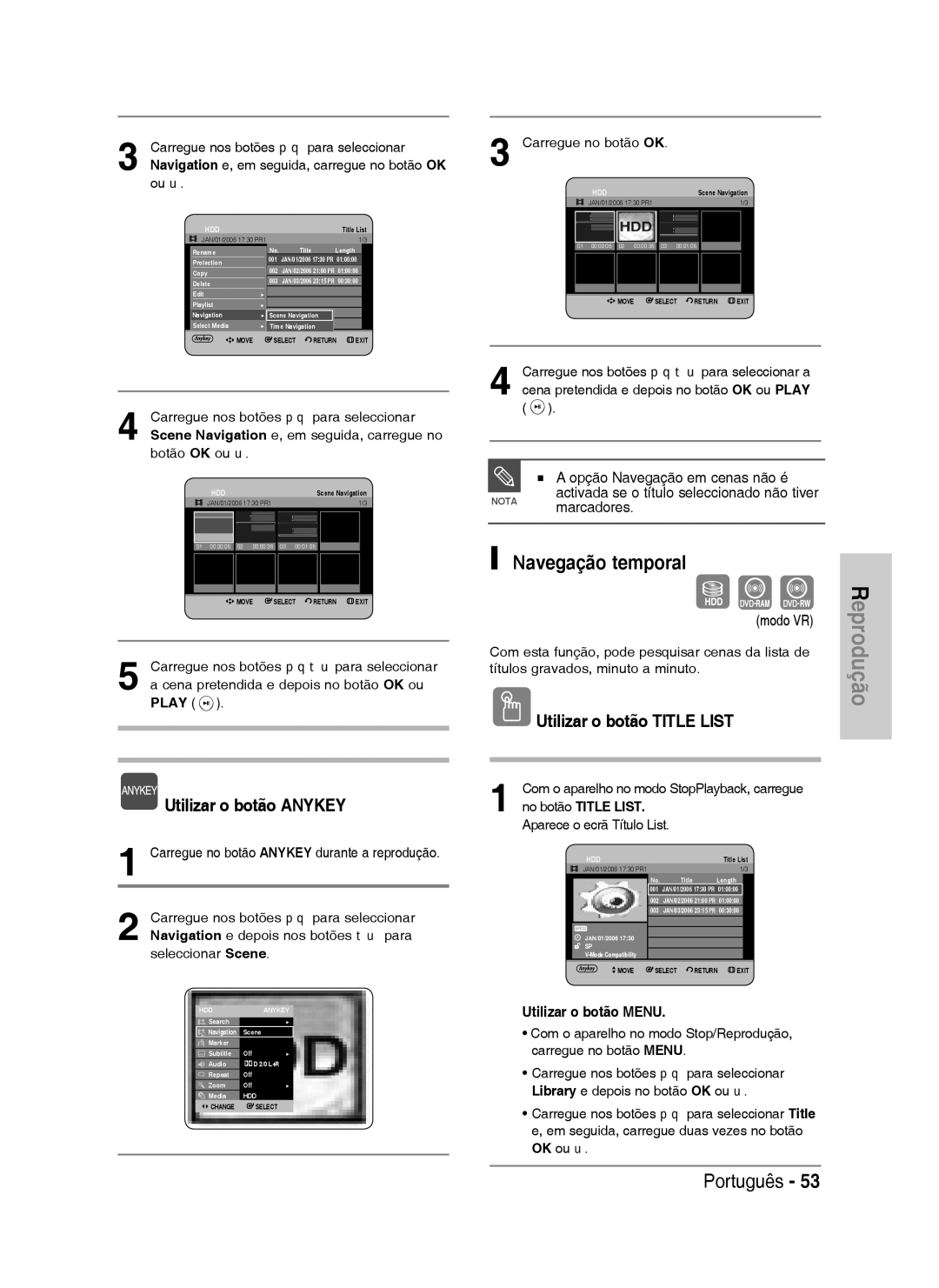 Samsung DVD-HR738/XEG manual Navegação temporal, Utilizar o botão Anykey, Nota marcadores, Aparece o ecrã Título List 