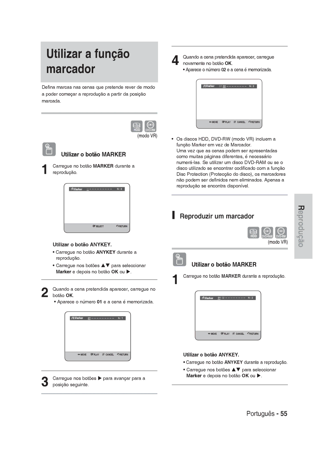 Samsung DVD-HR733/EUR Utilizar a função marcador, Reproduzir um marcador, Utilizar o botão Marker, Utilizar o botão Anykey 