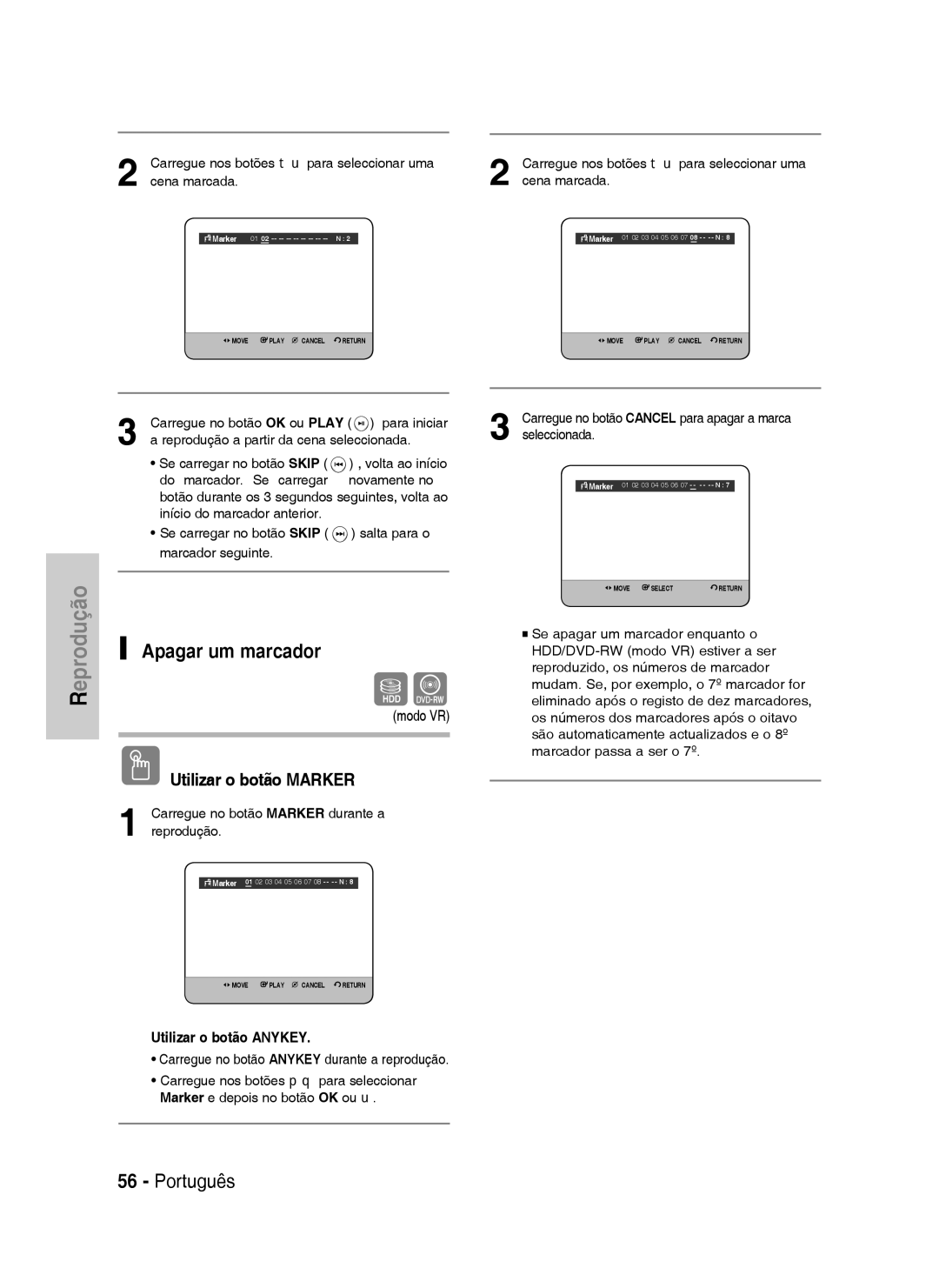 Samsung DVD-HR738/XEB, DVD-HR738/XEG manual Apagar um marcador, Carregue nos botões WX para seleccionar uma, Cena marcada 