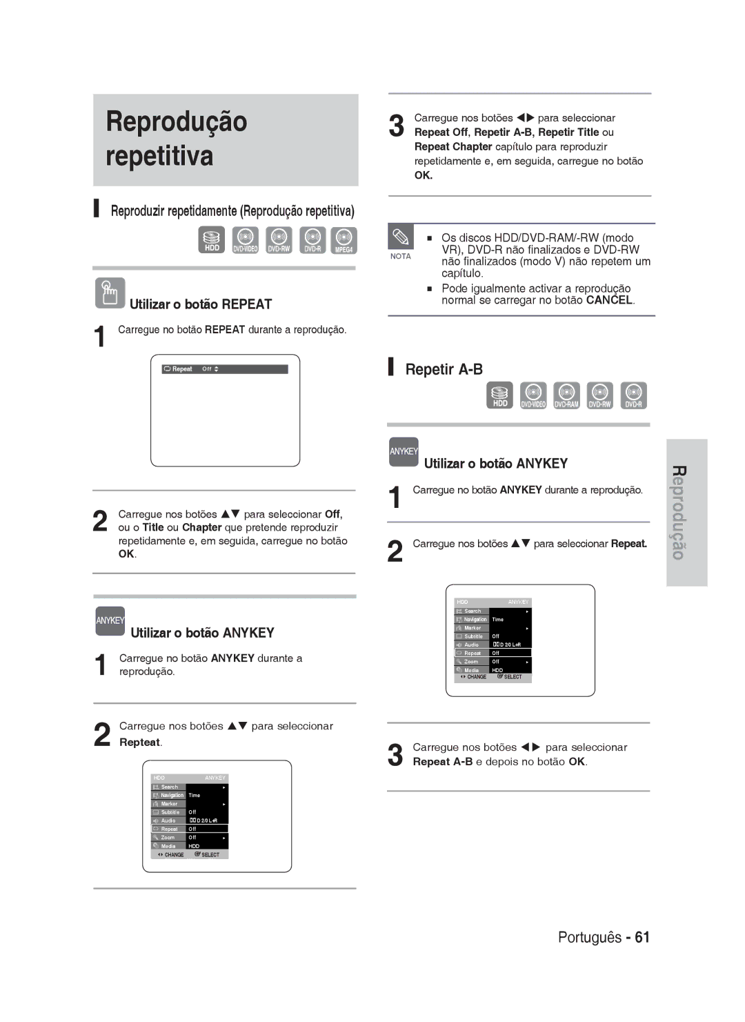 Samsung DVD-HR738/XEN manual Reprodução repetitiva, Utilizar o botão Repeat, Os discos HDD/DVD-RAM/-RW modo, Capítulo 
