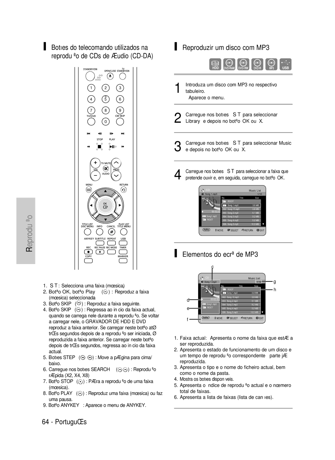 Samsung DVD-HR733/XEC manual Reproduzir um disco com MP3, Elementos do ecrã de MP3, Botão OK, botão Play Reproduz a faixa 