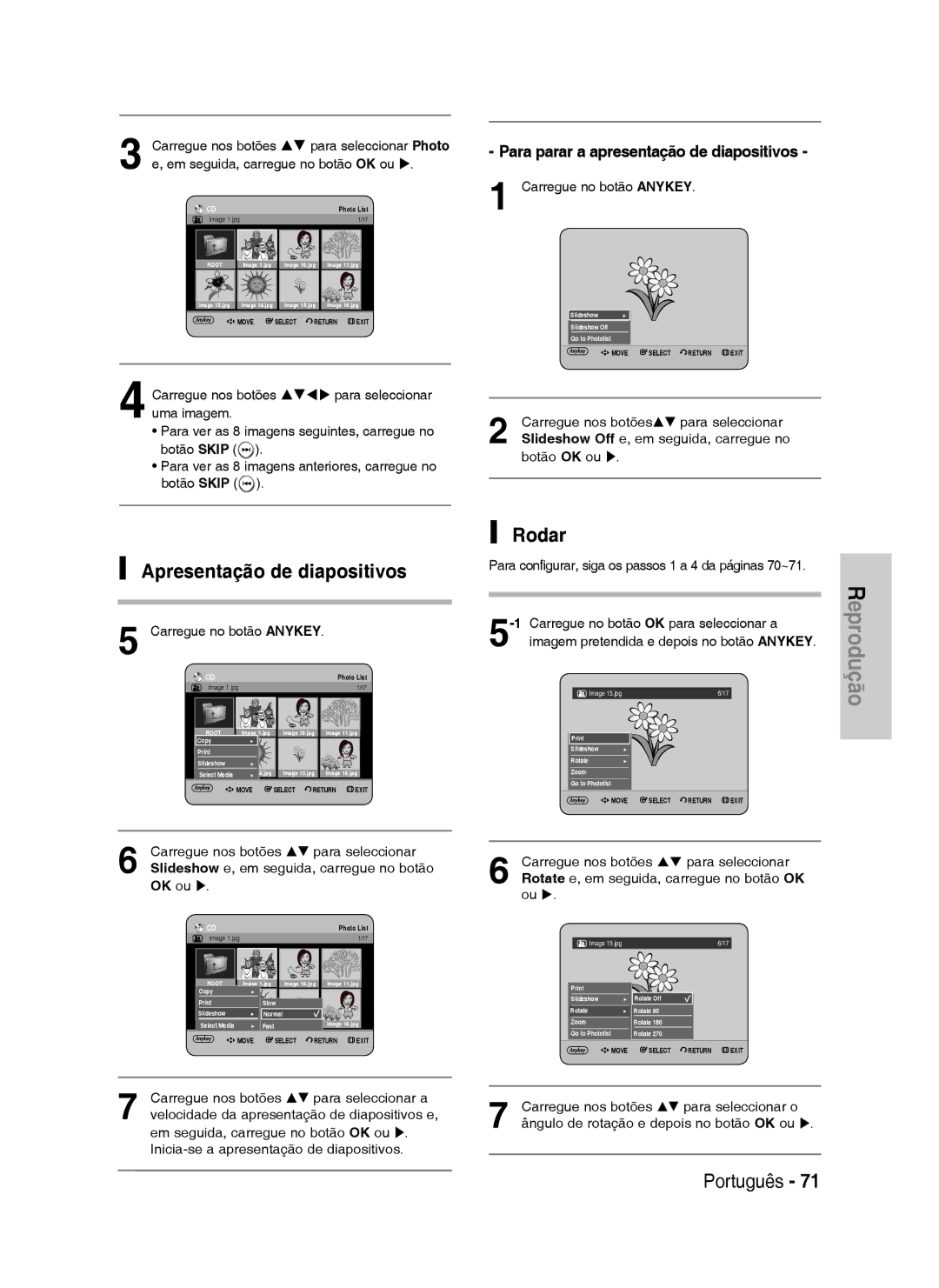 Samsung DVD-HR738/XEF, DVD-HR738/XEG manual Rodar, Apresentação de diapositivos, Para parar a apresentação de diapositivos 