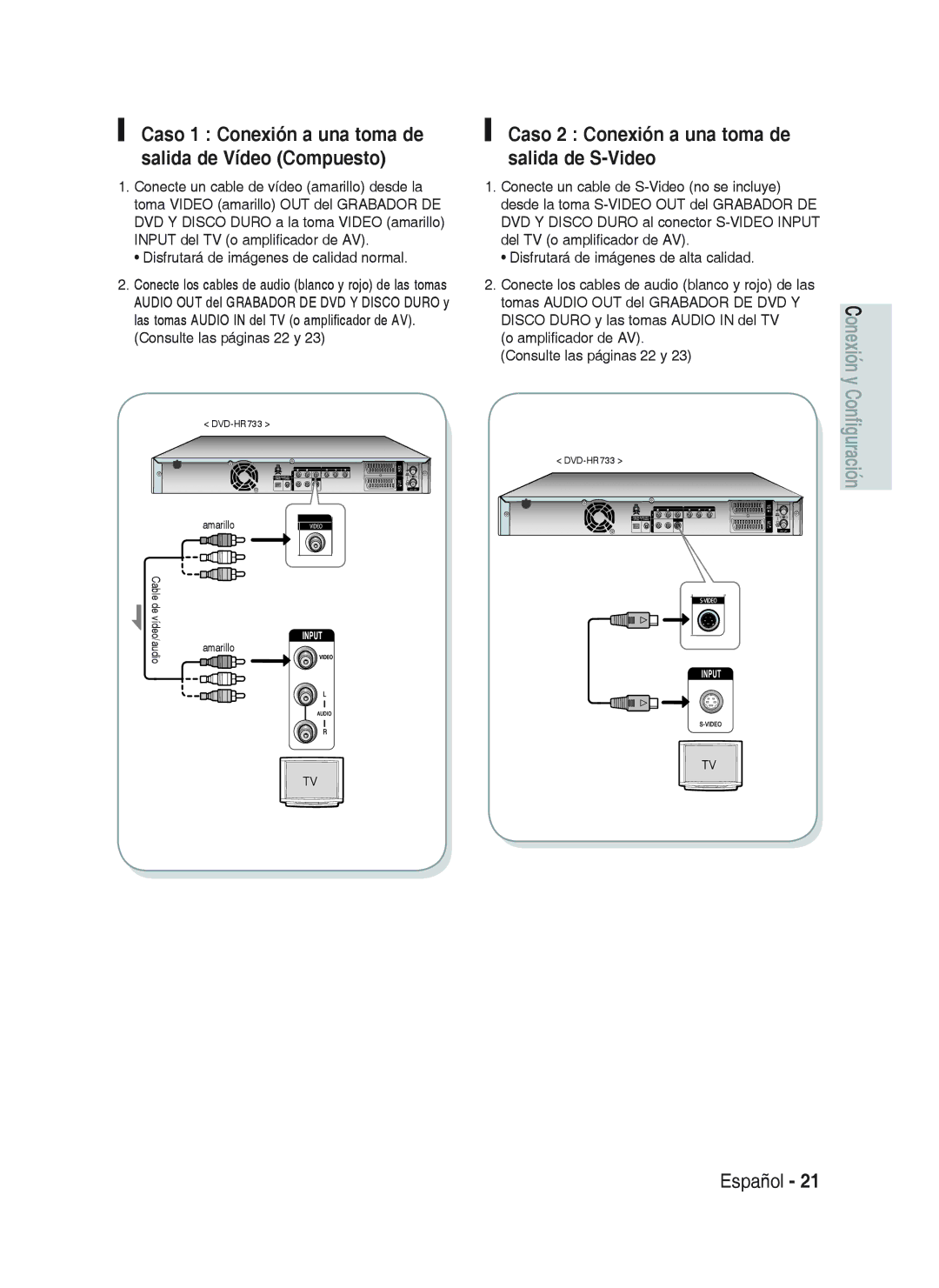 Samsung DVD-HR733/XEU, DVD-HR738/XEG manual Caso 2 Conexión a una toma de salida de S-Video, Consulte las páginas 22 y 