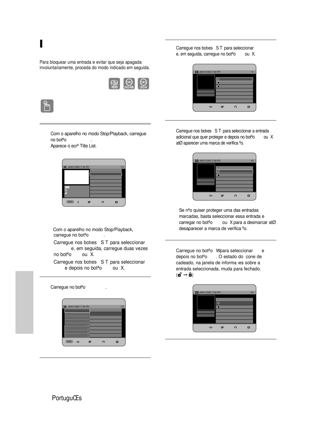 Samsung DVD-HR733/XEC Bloquear proteger um título, Utilizar o botão Title List, Até aparecer uma marca de verificação 