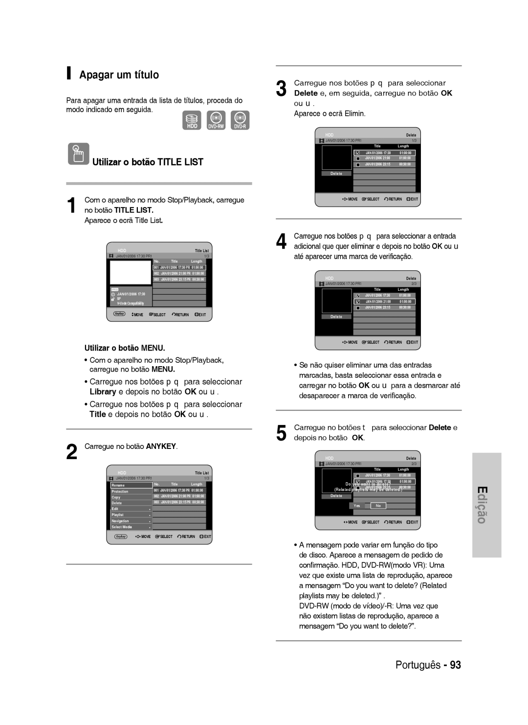 Samsung DVD-HR738/XEH, DVD-HR738/XEG, DVD-HR733/XEG, DVD-HR733/EUR, DVD-HR738/XEB, DVD-HR738/XEF manual Apagar um título 