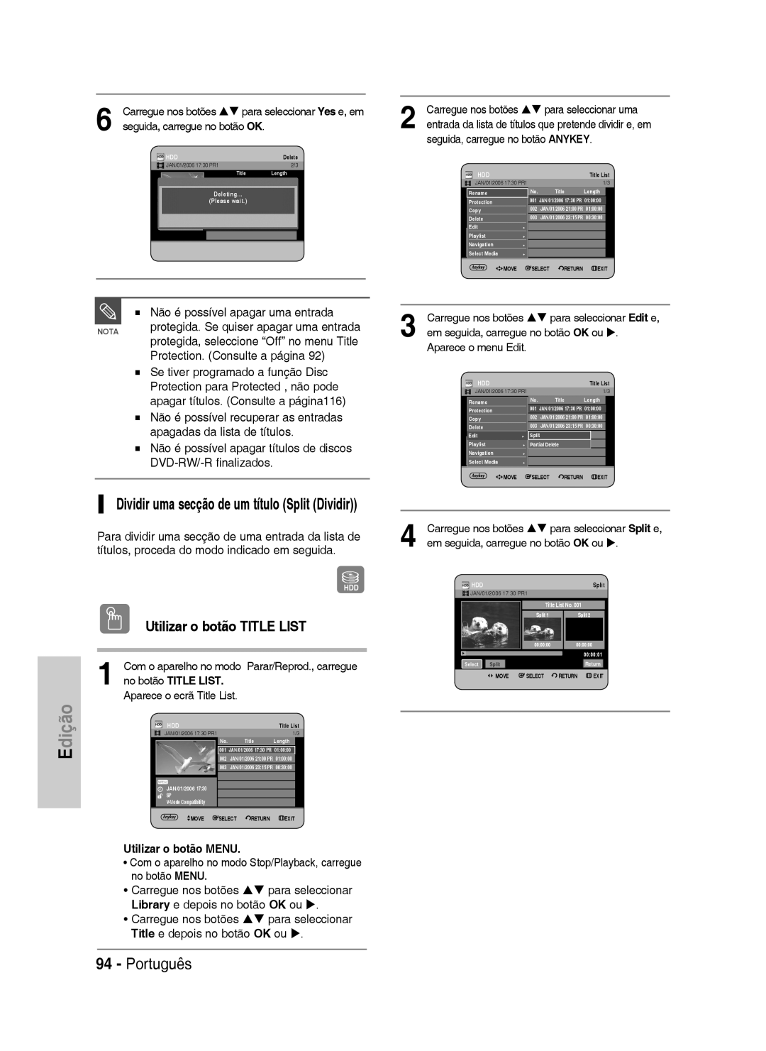 Samsung DVD-HR738/XEC, DVD-HR738/XEG, DVD-HR733/XEG manual Não é possível apagar uma entrada, Protection. Consulte a página 