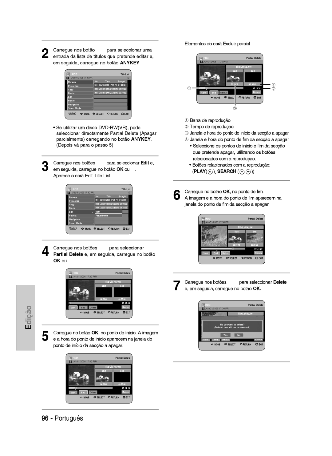 Samsung DVD-HR733/XEG, DVD-HR738/XEG manual Elementos do ecrã Excluir parcial, ➀ Barra de reprodução ➁ Tempo de reprodução 