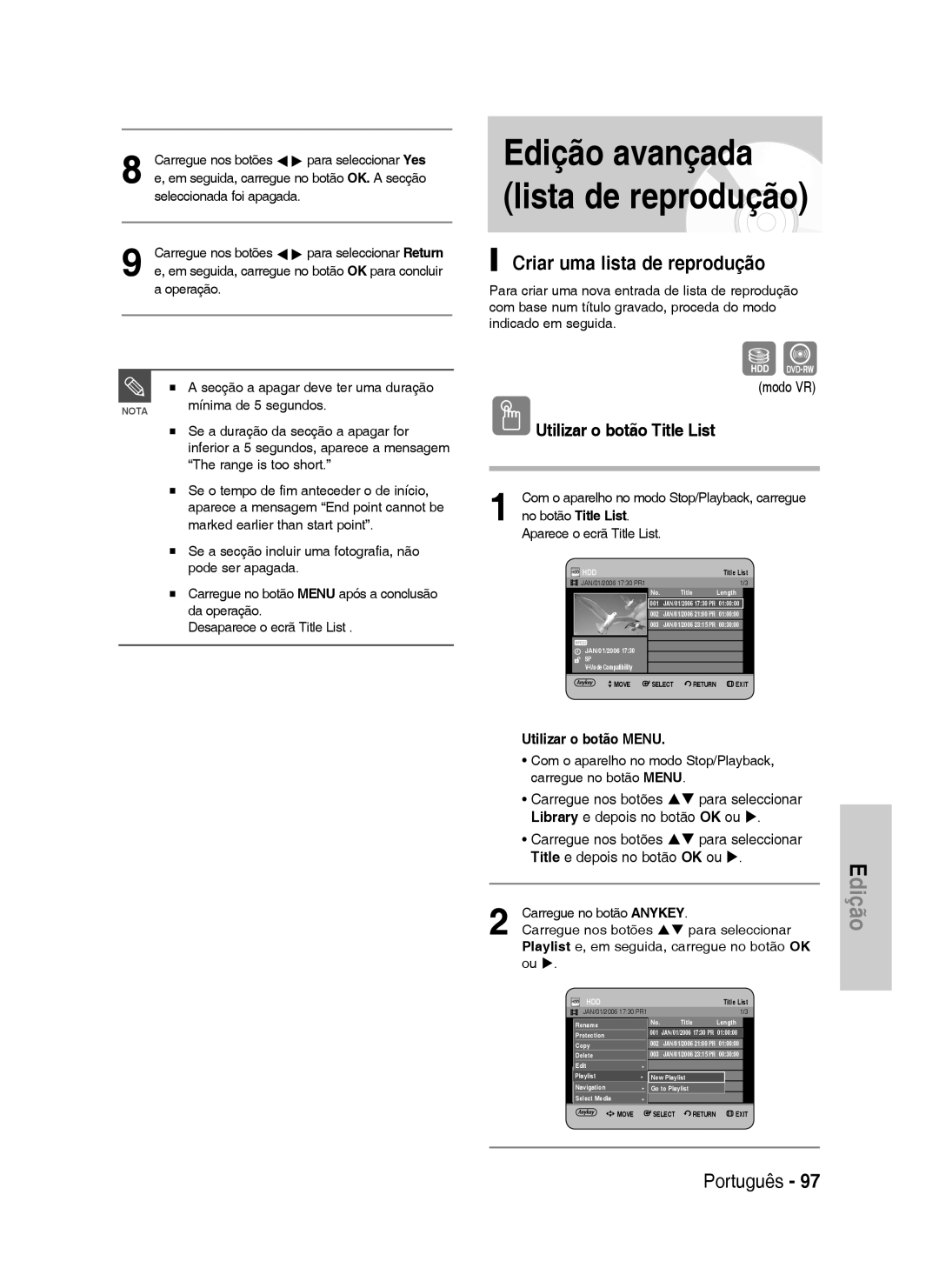 Samsung DVD-HR733/EUR manual Edição avançada lista de reprodução, Criar uma lista de reprodução, No botão Title List 