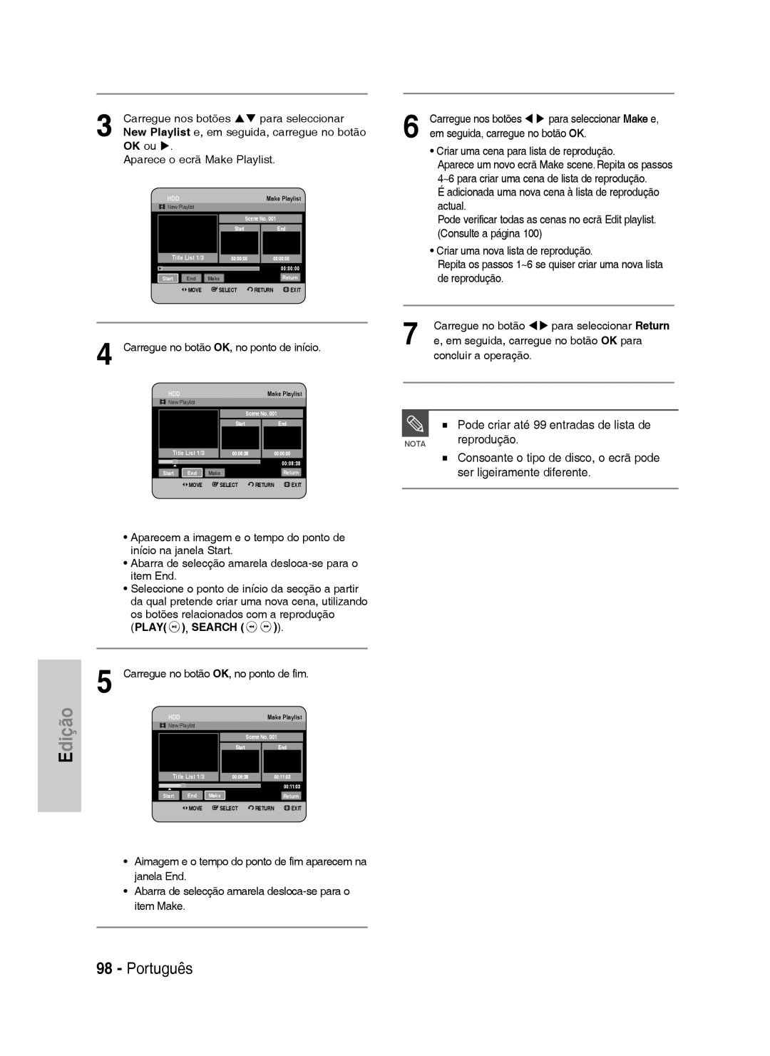 Samsung DVD-HR738/XEB Pode criar até 99 entradas de lista de, Reprodução, New Playlist e, em seguida, carregue no botão 