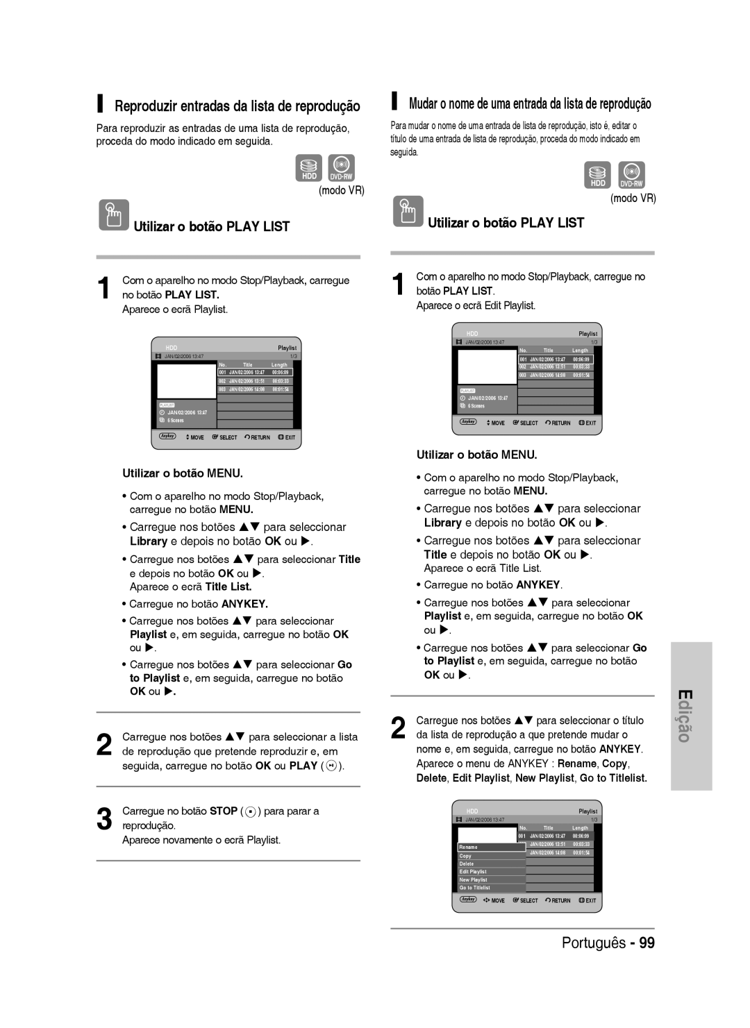 Samsung DVD-HR738/XEF manual Utilizar o botão Play List, Reproduzir entradas da lista de reprodução, No botão Play List 