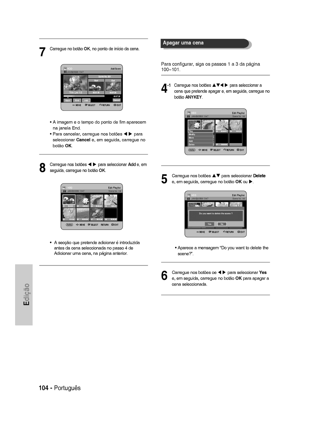 Samsung DVD-HR733/XEH, DVD-HR738/XEG, DVD-HR733/XEG, DVD-HR733/EUR, DVD-HR738/XEB, DVD-HR738/XEF, DVD-HR738/XET Apagar uma cena 