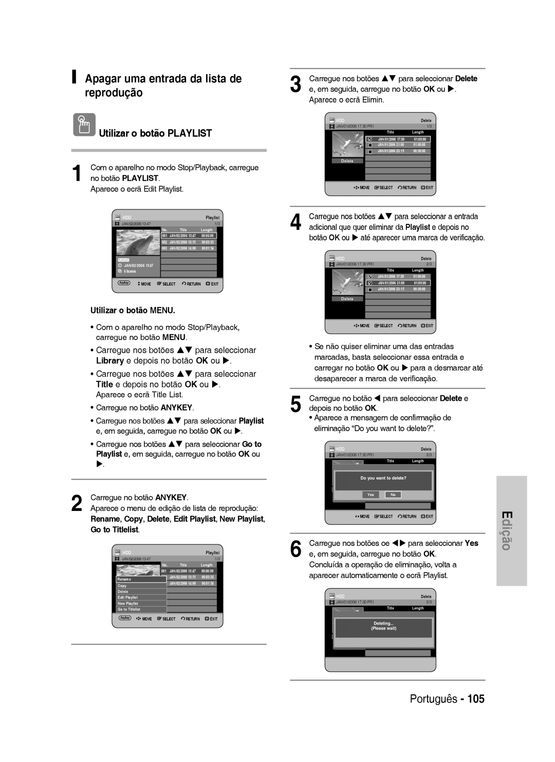 Samsung DVD-HR738/XEE, DVD-HR738/XEG Apagar uma entrada da lista de reprodução, Utilizar o botão Playlist, Go to Titlelist 