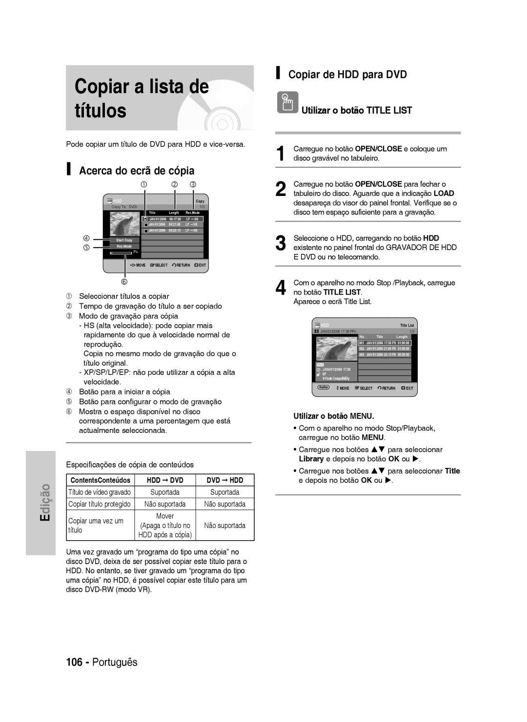 Samsung DVD-HR733/XEC, DVD-HR738/XEG manual Copiar a lista de títulos, Acerca do ecrã de cópia, Copiar de HDD para DVD 