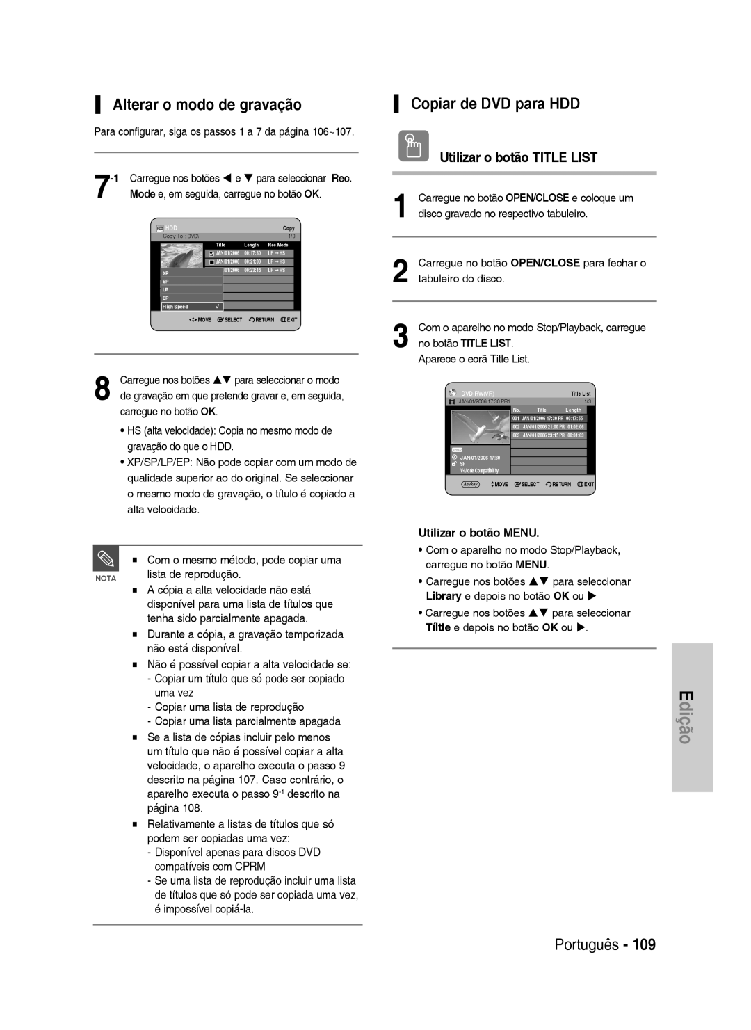 Samsung DVD-HR738/XEG, DVD-HR733/XEG, DVD-HR733/EUR Alterar o modo de gravação, Copiar de DVD para HDD, Lista de reprodução 