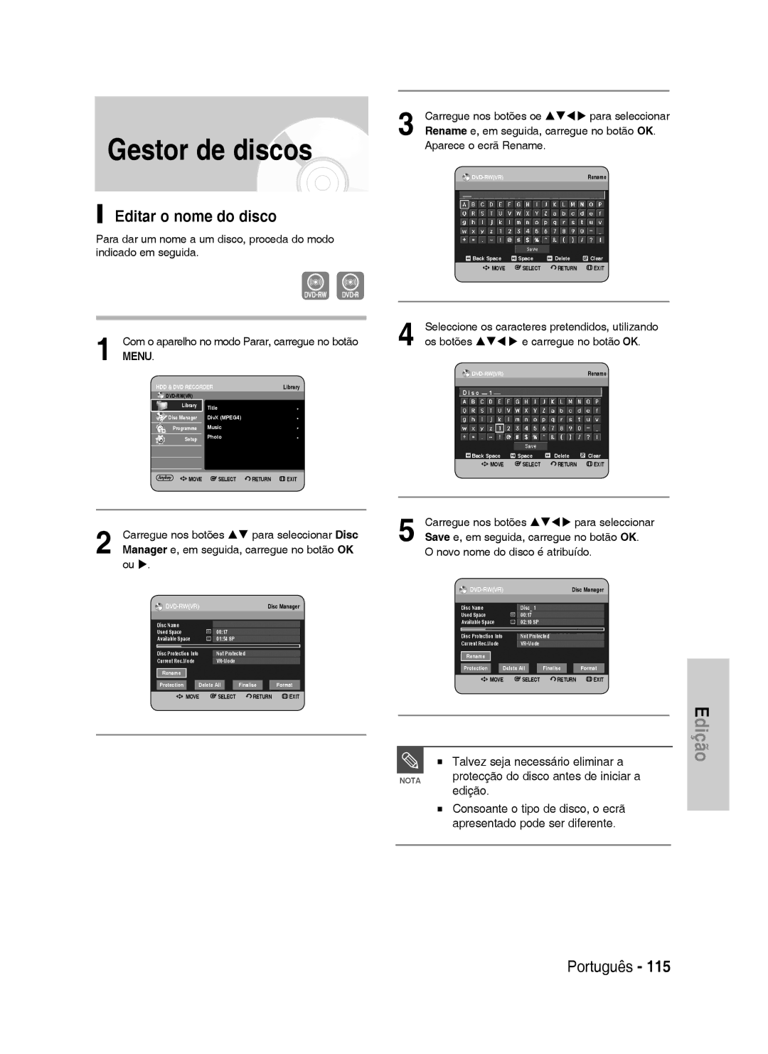 Samsung DVD-HR738/XEU, DVD-HR738/XEG, DVD-HR733/XEG, DVD-HR733/EUR, DVD-HR738/XEB Gestor de discos, Editar o nome do disco 