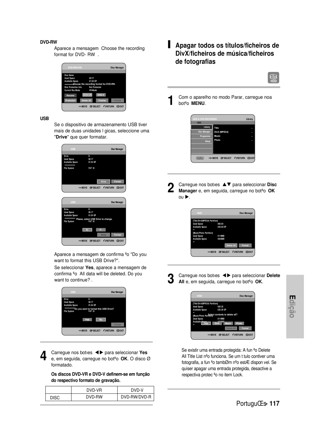 Samsung DVD-HR738/XEN, DVD-HR738/XEG, DVD-HR733/XEG manual Aparece a mensagem Choose the recording format for DVD- RW 