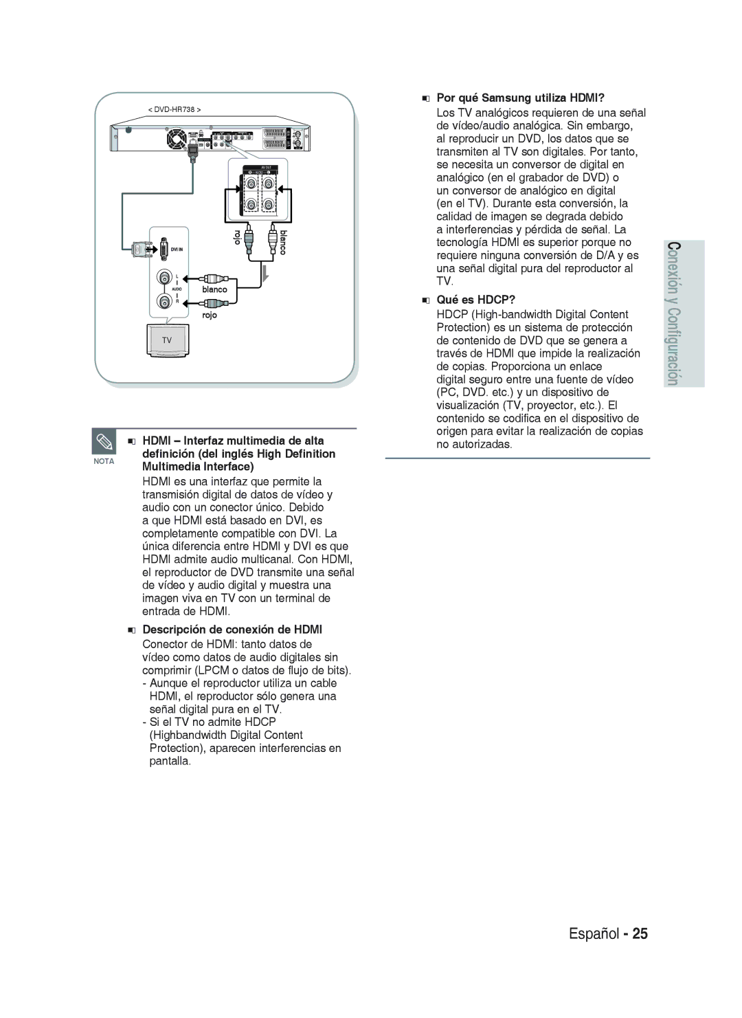 Samsung DVD-HR733/XEC Hdmi Interfaz multimedia de alta, Descripción de conexión de Hdmi, Por qué Samsung utiliza HDMI? 