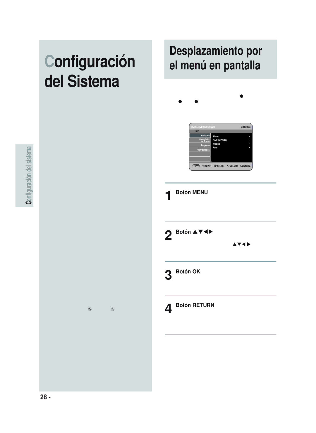 Samsung DVD-HR738/XEG, DVD-HR733/XEG, DVD-HR733/EUR, DVD-HR738/XEB, DVD-HR738/XEF manual Botón Menu, Botón OK, Botón Return 