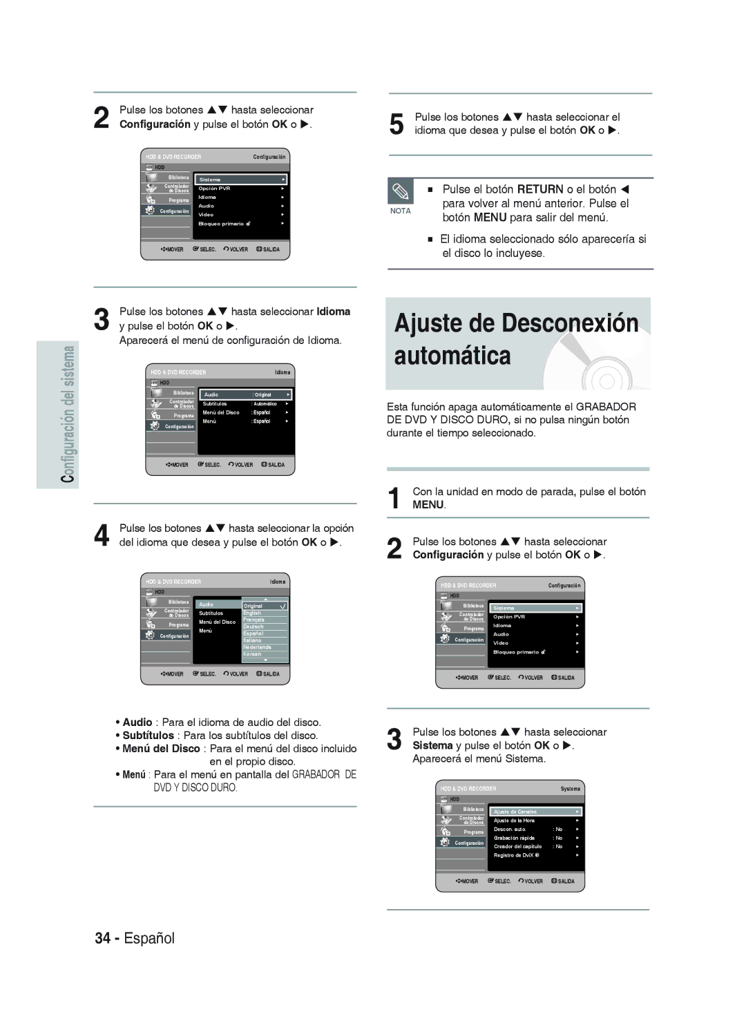 Samsung DVD-HR738/XEU, DVD-HR738/XEG, DVD-HR733/XEG manual Pulse el botón Return o el botón, Botón Menu para salir del menú 