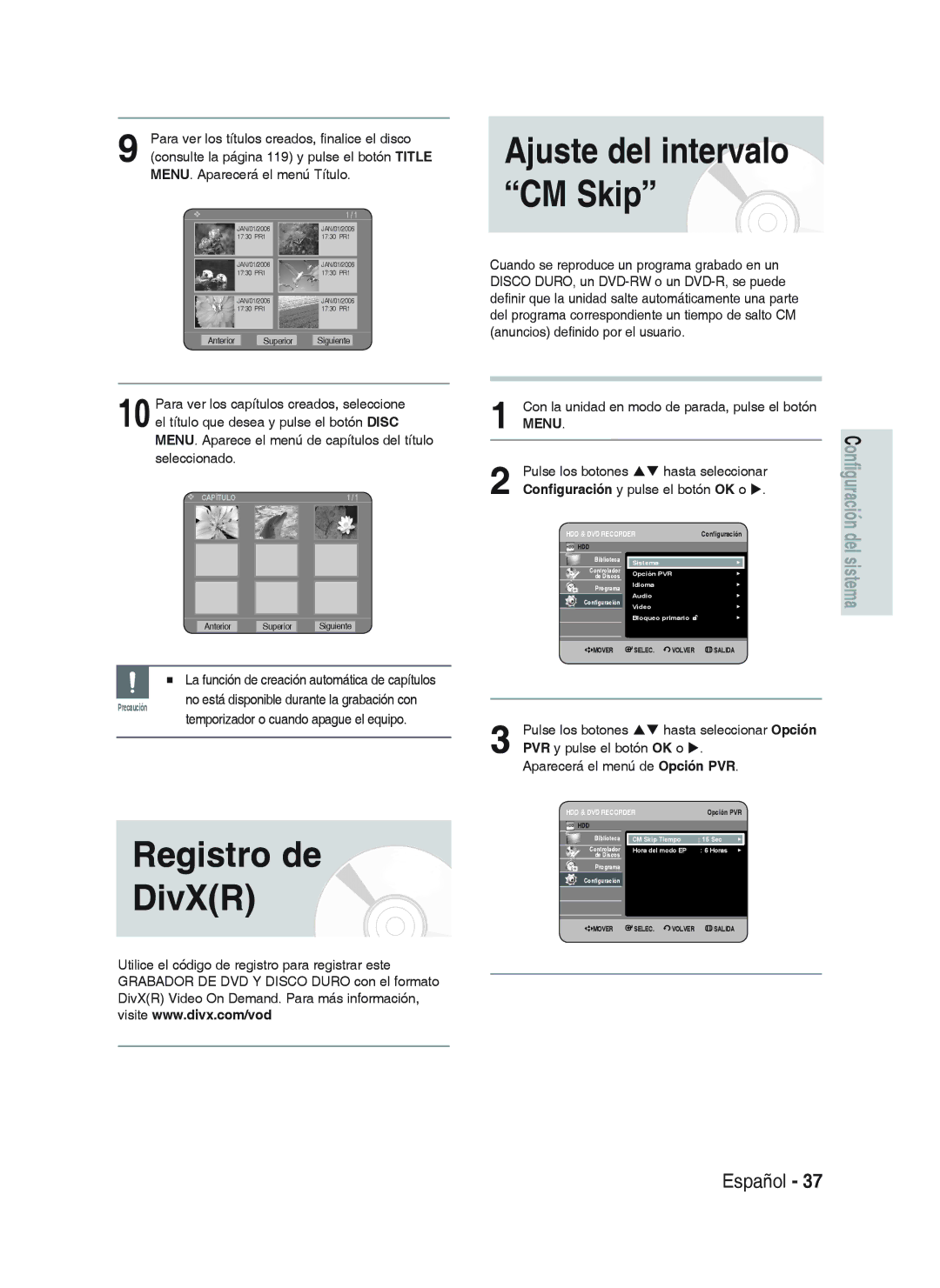 Samsung DVD-HR733/XEH, DVD-HR738/XEG, DVD-HR733/XEG, DVD-HR733/EUR manual Registro de DivXR, Ajuste del intervalo CM Skip 
