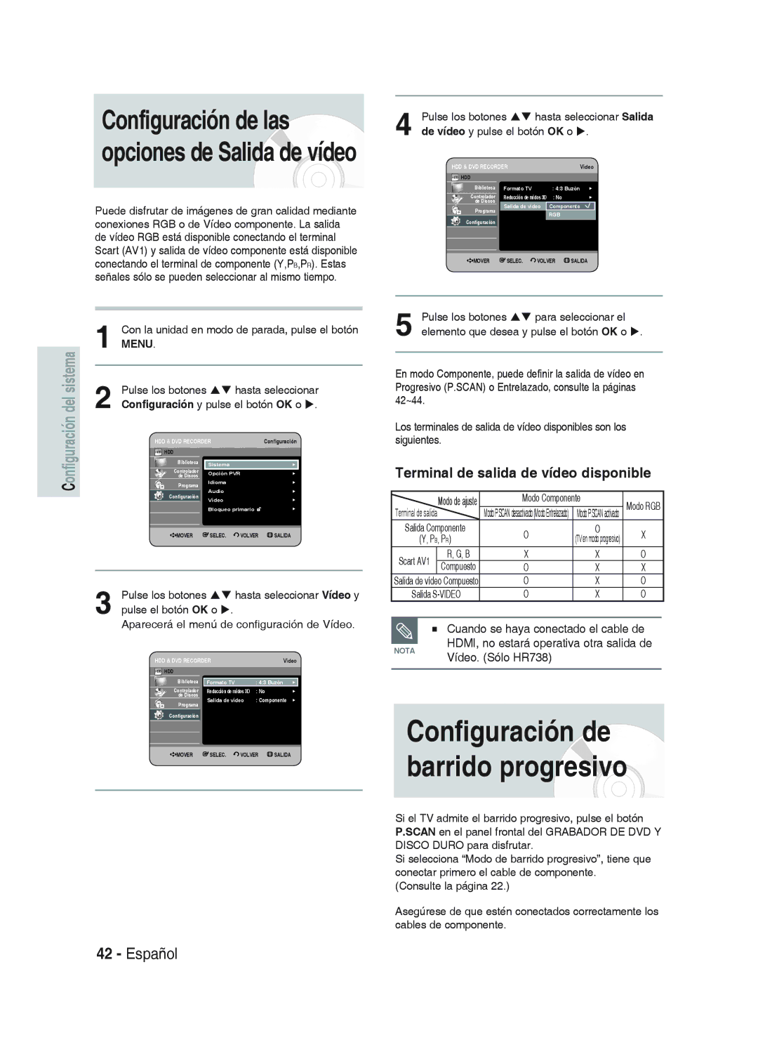 Samsung DVD-HR738/XEG, DVD-HR733/XEG manual Configuración de barrido progresivo, Terminal de salida de vídeo disponible 