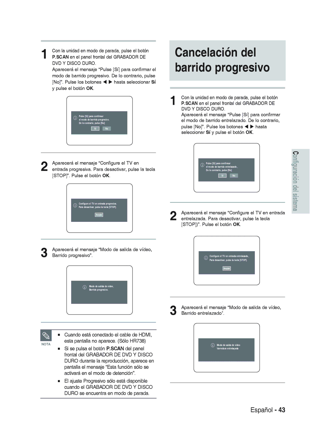 Samsung DVD-HR733/XEG, DVD-HR738/XEG, DVD-HR733/EUR, DVD-HR738/XEB, DVD-HR738/XEF manual Cancelación del barrido progresivo 