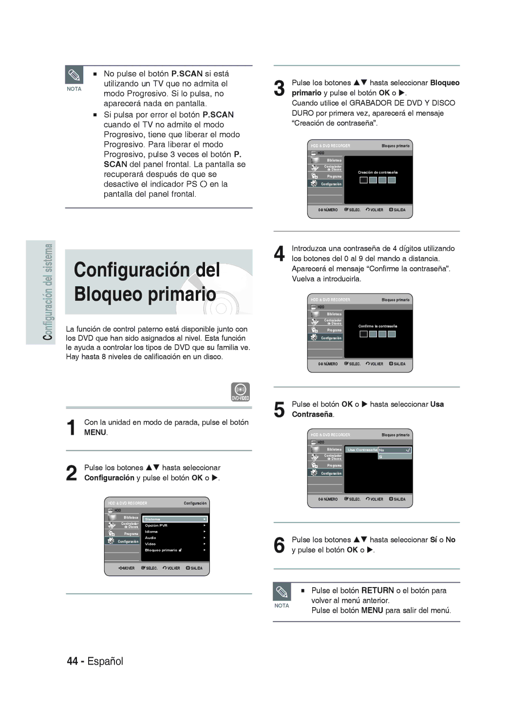 Samsung DVD-HR733/EUR, DVD-HR738/XEG, DVD-HR733/XEG, DVD-HR738/XEB, DVD-HR738/XEF manual Configuración del Bloqueo primario 