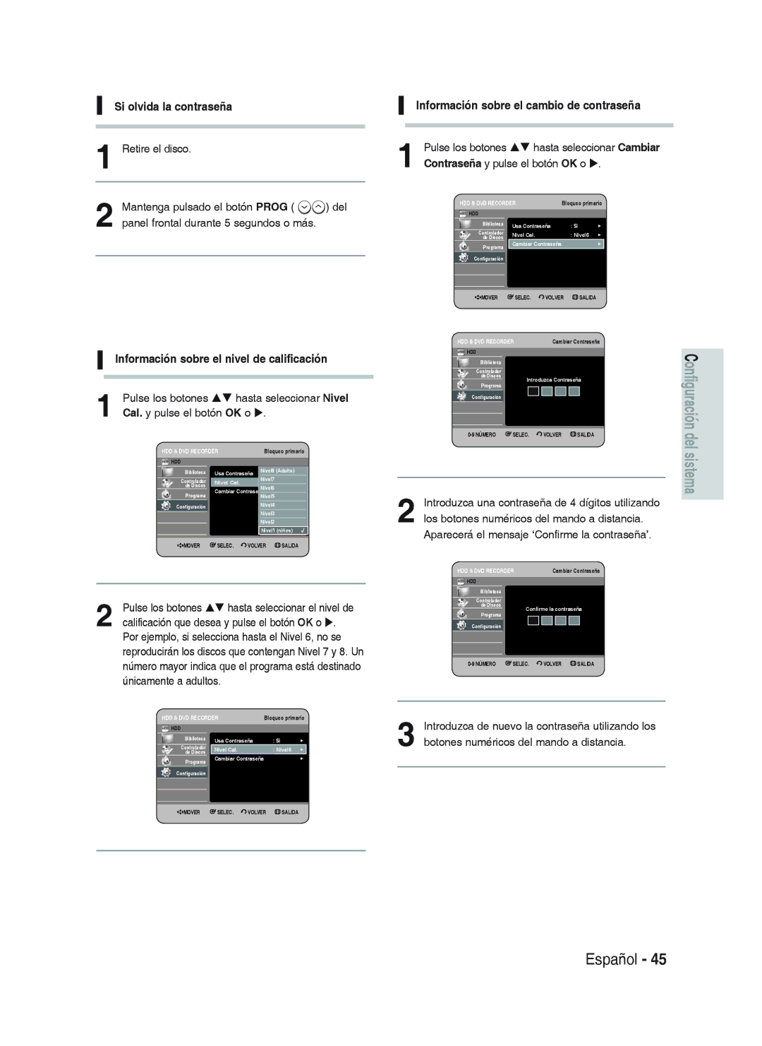 Samsung DVD-HR738/XEB, DVD-HR738/XEG, DVD-HR733/XEG Si olvida la contraseña, Información sobre el nivel de calificación 