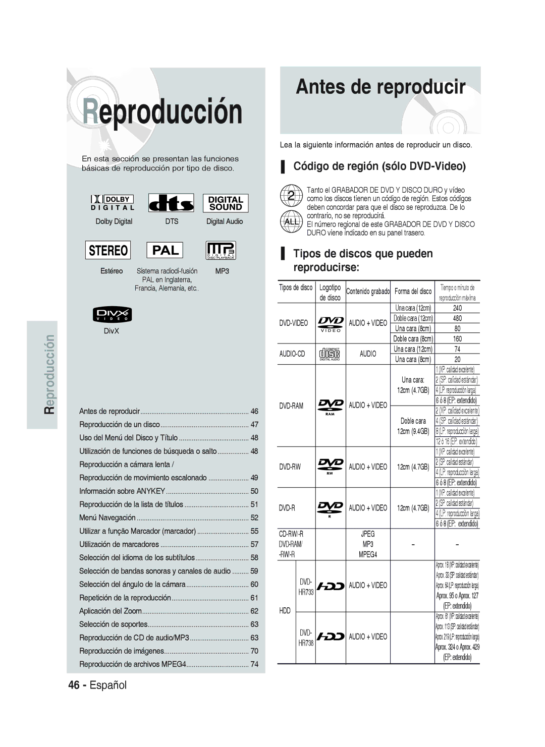 Samsung DVD-HR738/XEF Antes de reproducir, Código de región sólo DVD-Video, Tipos de discos que pueden reproducirse, Rw/-R 