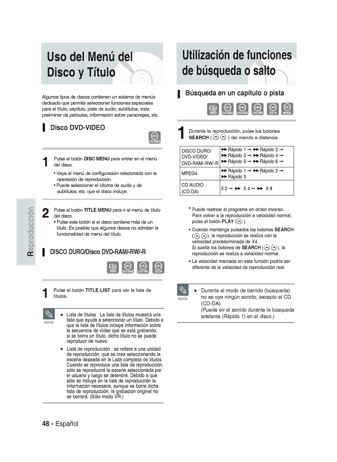 Samsung DVD-HR738/XEU, DVD-HR738/XEG Uso del Menú del Disco y Título, Disco DVD-VIDEO, Búsqueda en un capítulo o pista 