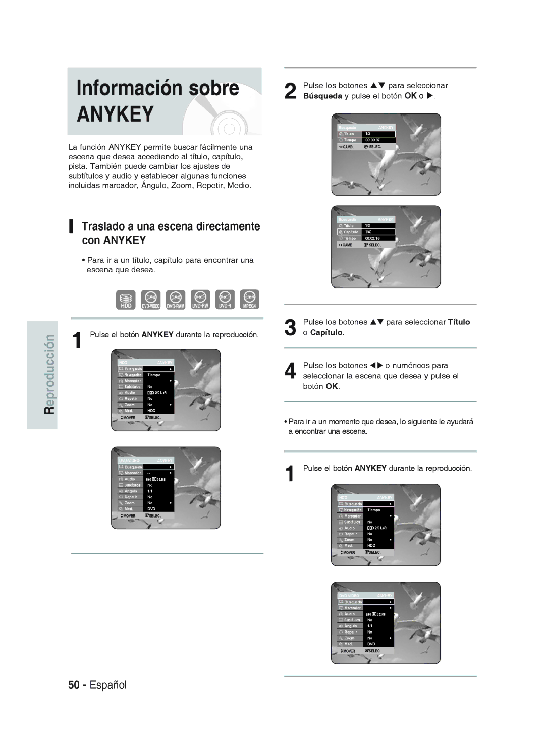 Samsung DVD-HR738/XEN Traslado a una escena directamente con Anykey, Pulse los botones Para seleccionar Título, Capítulo 