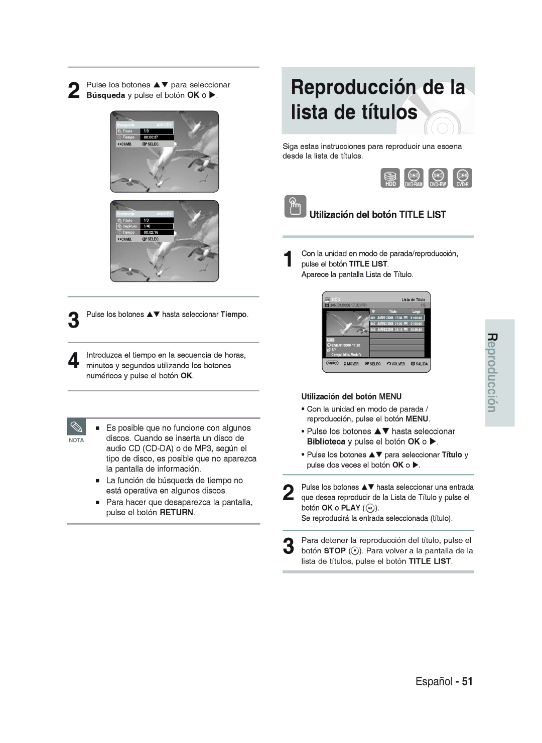 Samsung DVD-HR733/XEH Reproducción de la lista de títulos, Utilización del botón Title List, Utilización del botón Menu 