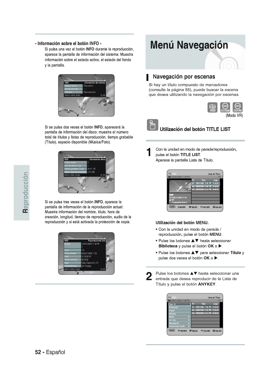 Samsung DVD-HR738/XEE, DVD-HR738/XEG Menú Navegación, Navegación por escenas, Información sobre el botón Info, Modo VR 