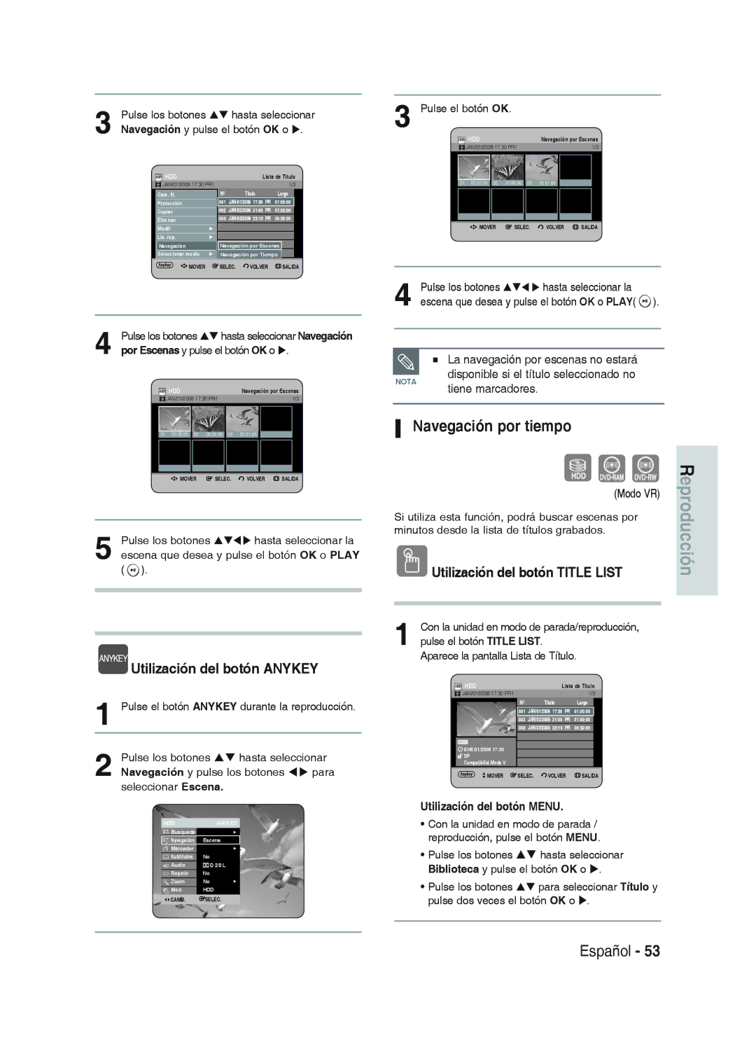 Samsung DVD-HR733/XEC manual Navegación por tiempo, Utilización del botón Anykey, La navegación por escenas no estará 