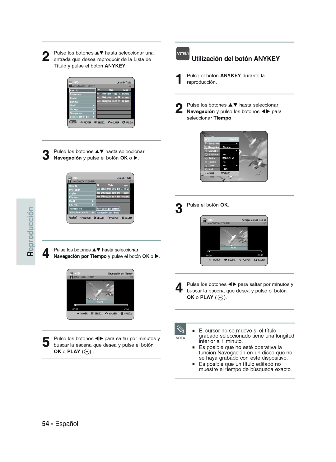 Samsung DVD-HR738/XEH manual El cursor no se mueve si el título, Navegación por Tiempo y pulse el botón OK o, OK o Play 