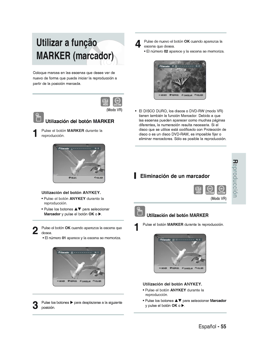 Samsung DVD-HR738/XEC, DVD-HR738/XEG, DVD-HR733/XEG manual Utilización del botón Marker, Utilización del botón Anykey, Desea 