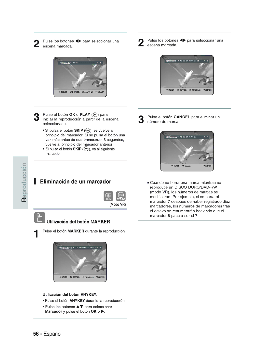 Samsung DVD-HR738/XEG, DVD-HR733/XEG Eliminación de un marcador, Pulse los botones Para seleccionar una Escena marcada 