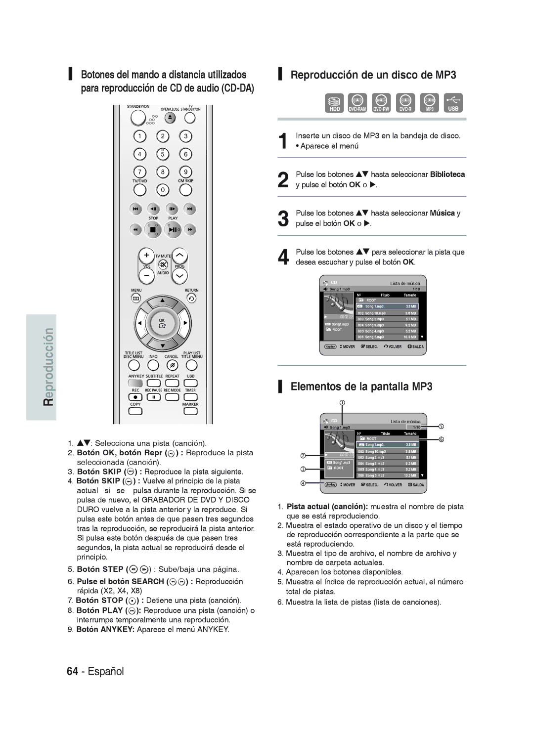 Samsung DVD-HR738/XEN, DVD-HR738/XEG Reproducción de un disco de MP3, Pulse el botón Search Reproducción rápida X2, X4 