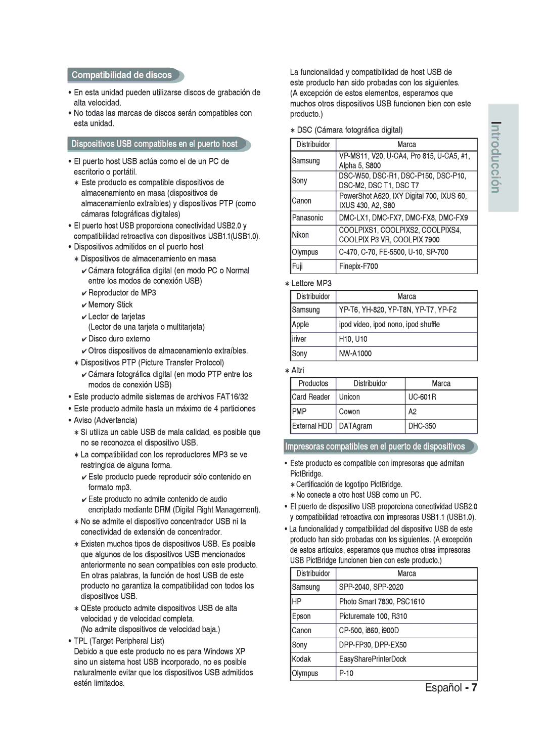 Samsung DVD-HR733/XEU manual Aviso Advertencia, Marca, Samsung, Alpha 5, S800 Sony, Canon, Panasonic, Nikon, Olympus, Cowon 