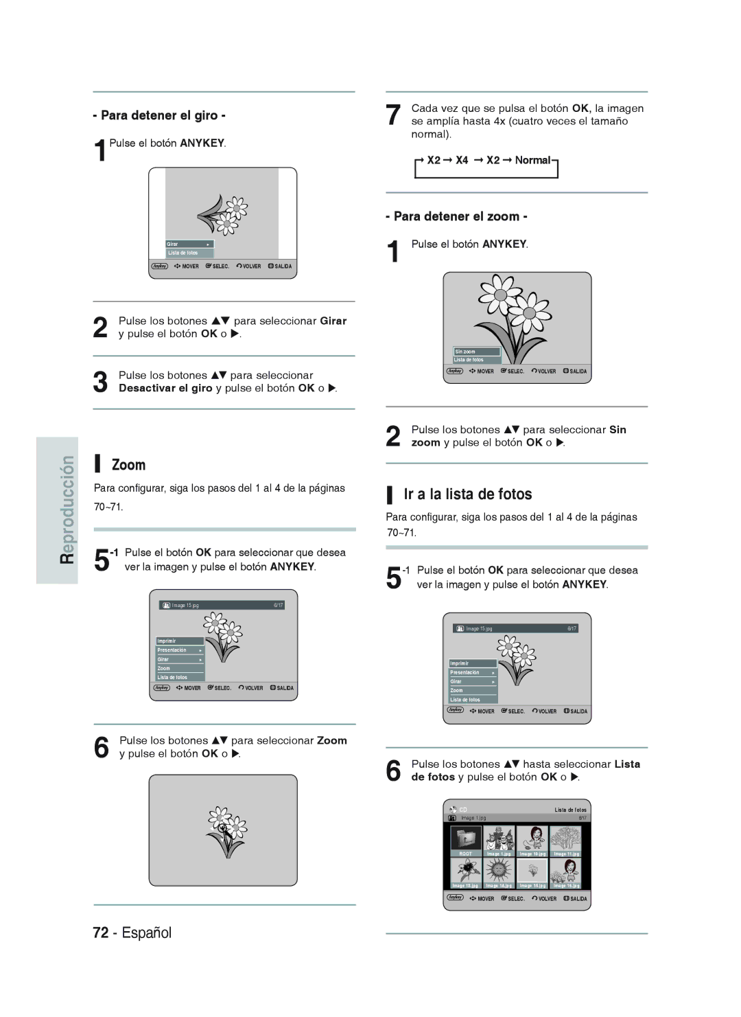 Samsung DVD-HR733/EUR, DVD-HR738/XEG manual Zoom, Ir a la lista de fotos, Para detener el giro, Para detener el zoom 