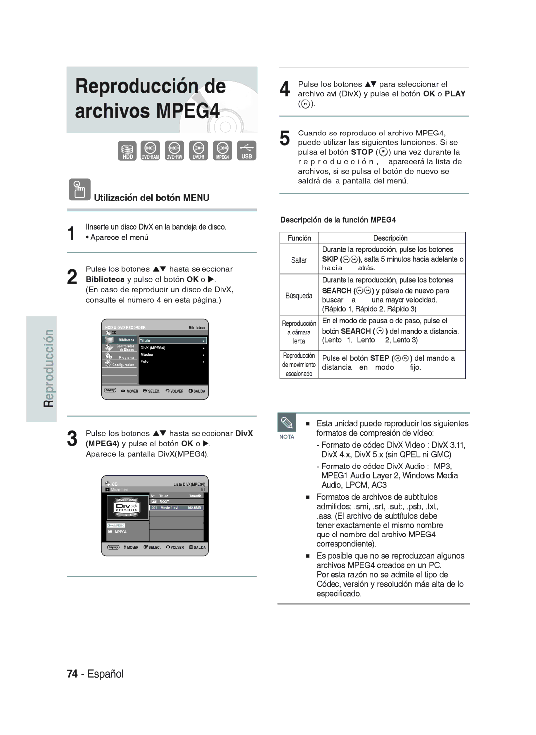 Samsung DVD-HR738/XEF, DVD-HR738/XEG, DVD-HR733/XEG, DVD-HR733/EUR, DVD-HR738/XEB, DVD-HR738/XET Utilización del botón Menu 