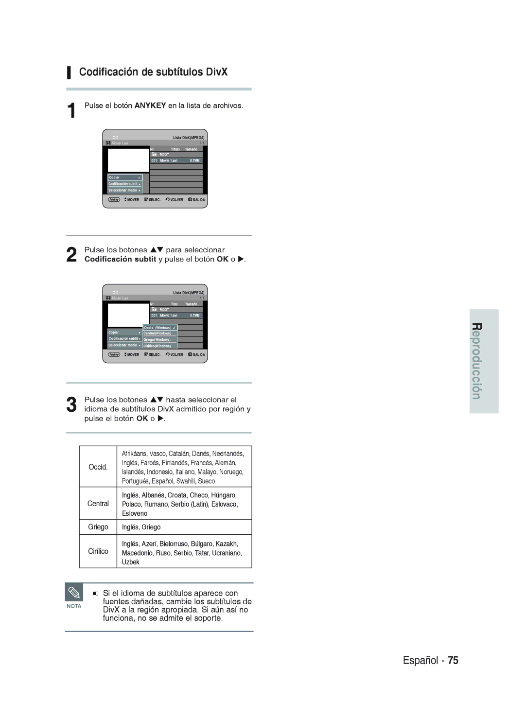 Samsung DVD-HR738/XET, DVD-HR738/XEG manual Codificación de subtítulos DivX, Pulse el botón Anykey en la lista de archivos 